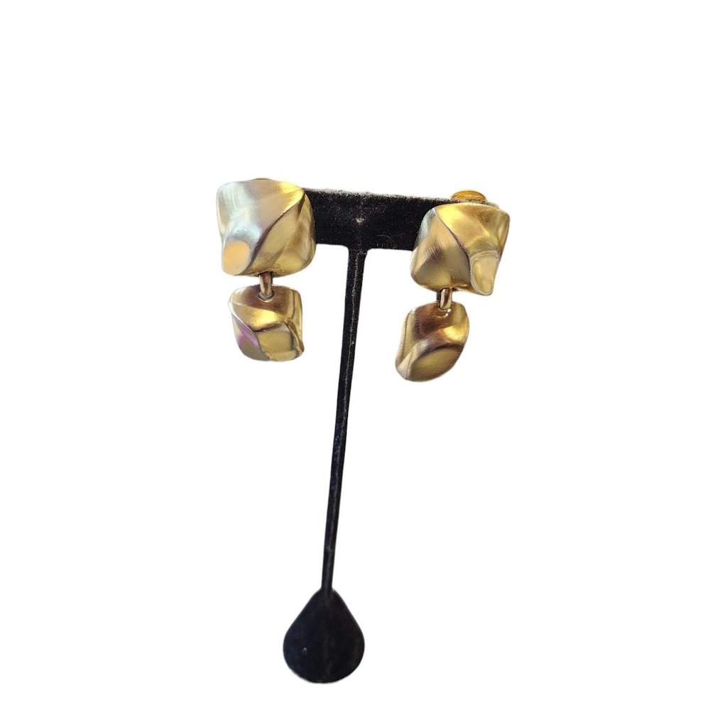 Vintage Signed Clara Studios Matte Gold Clip Earrings (A967)